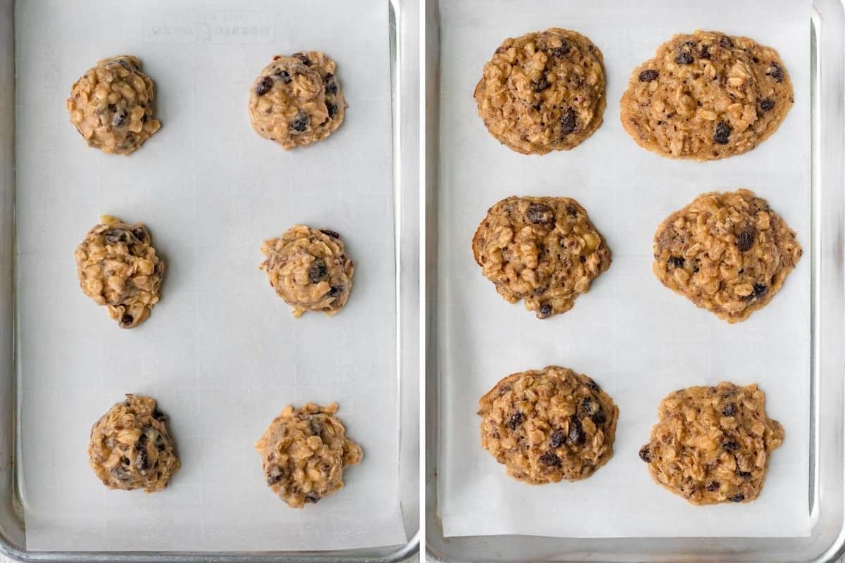 2 image collage to show the cookies before and after baking on baking sheet with parchment paper