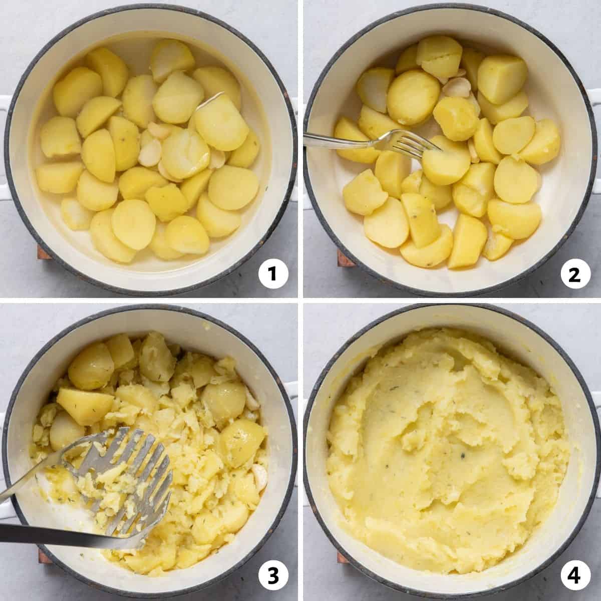 3 images in collage to show the potatoes in a pot with garlic, then with water then after cooking mashed