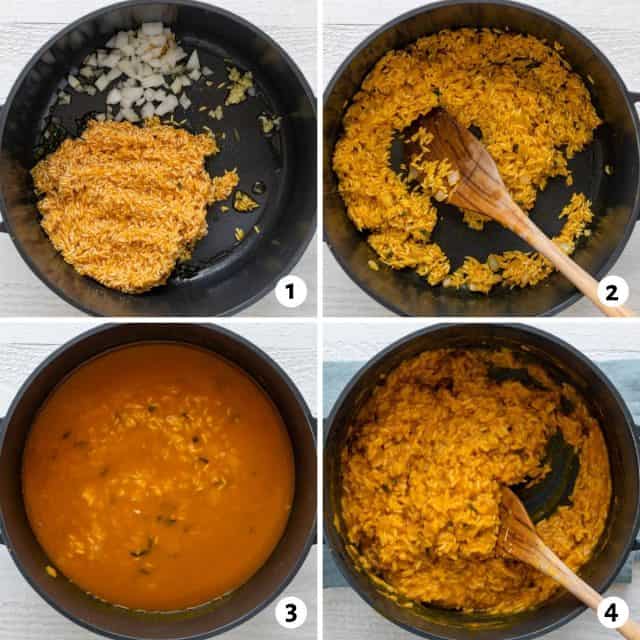 4 image collage to show how to make the recipe all in one pot