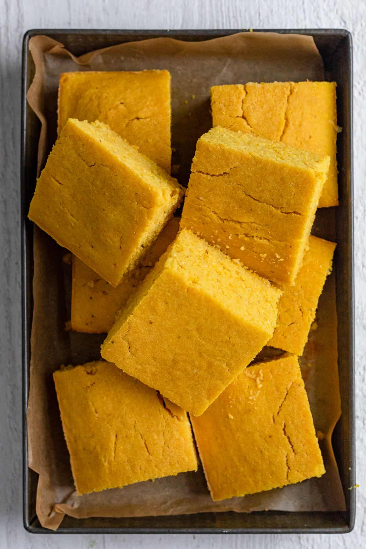 Small tray with the homemade baked cornbread after baking