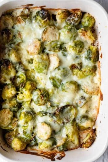 Brussel Sprout Casserole after baking in the oven with cheesy top