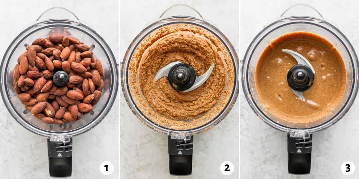 3 collage image to show how to make almond butter