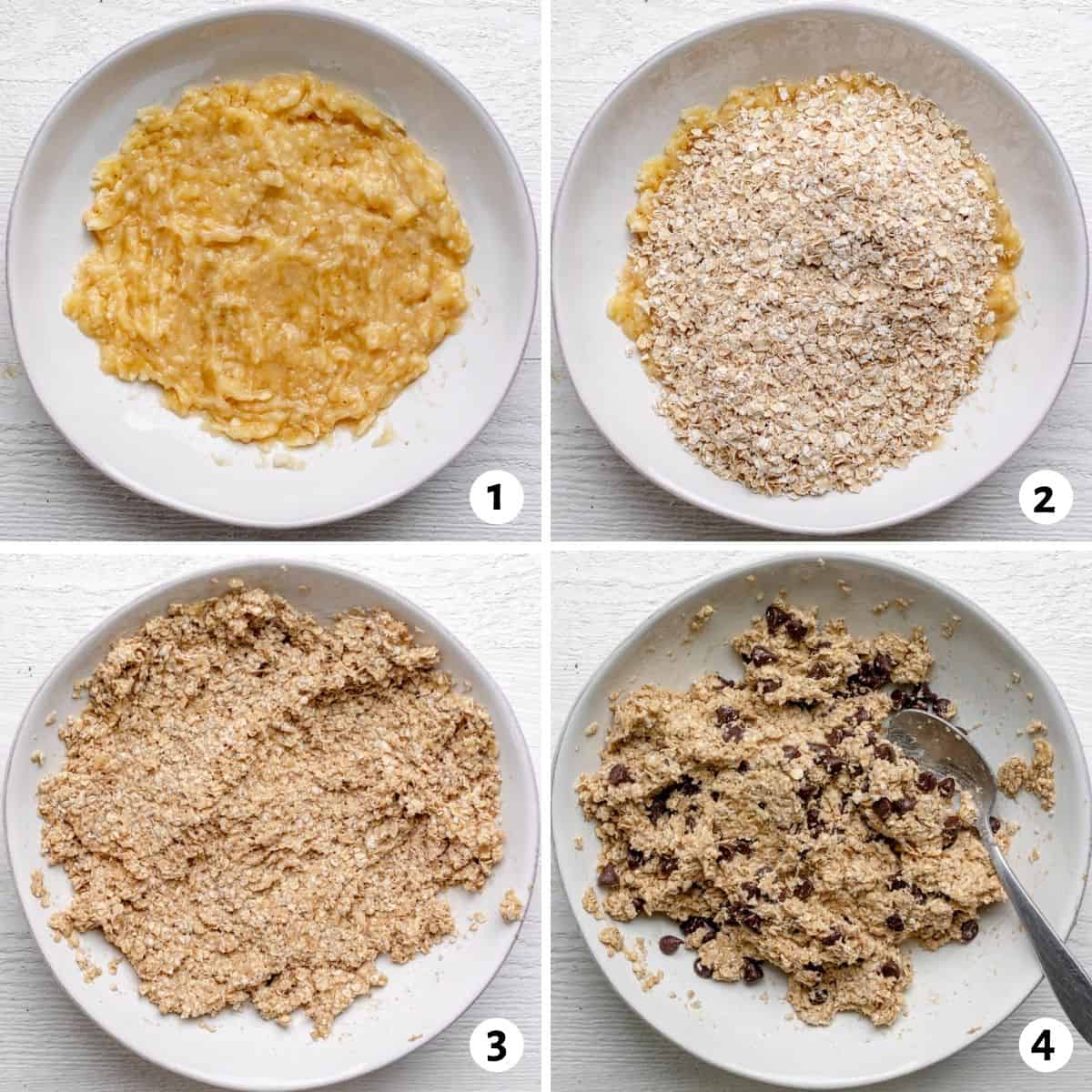 4 image collage to show how to mix the cookie dough in one bowl