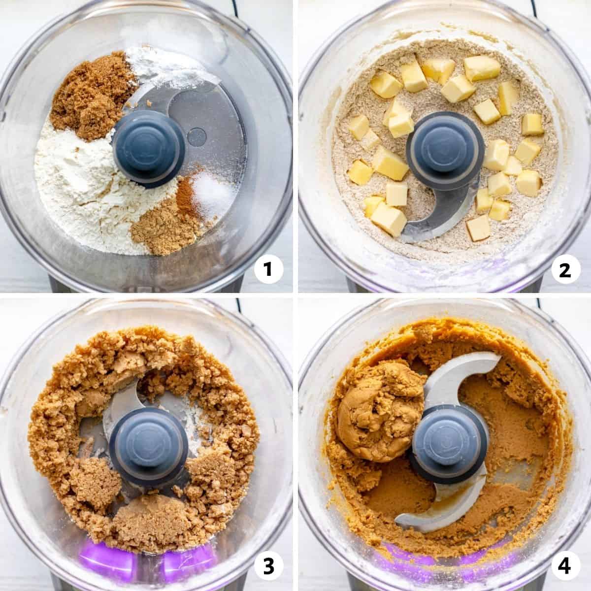 4 image collage showing how to make the cookie dough in a food processor