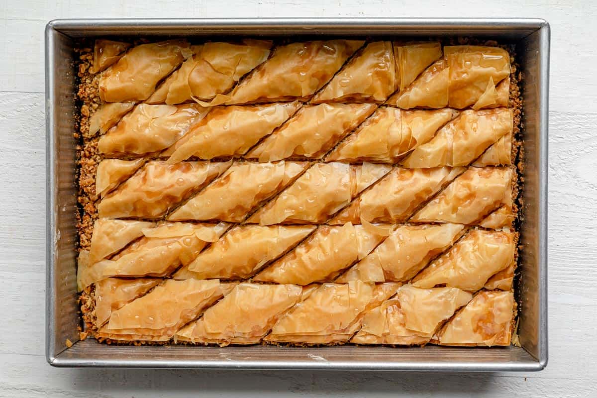 Baked and cooled baklawa on a pan