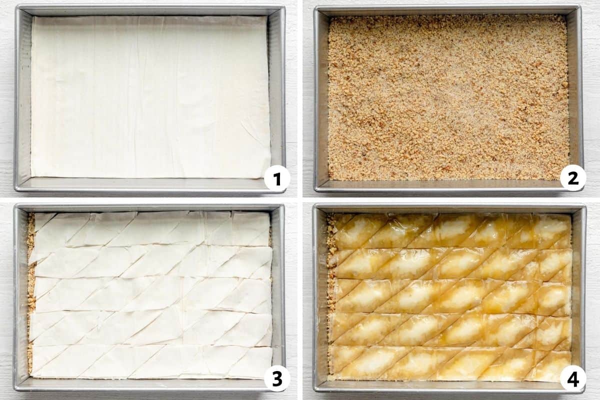 4 image collage to show how to build the baklava layers