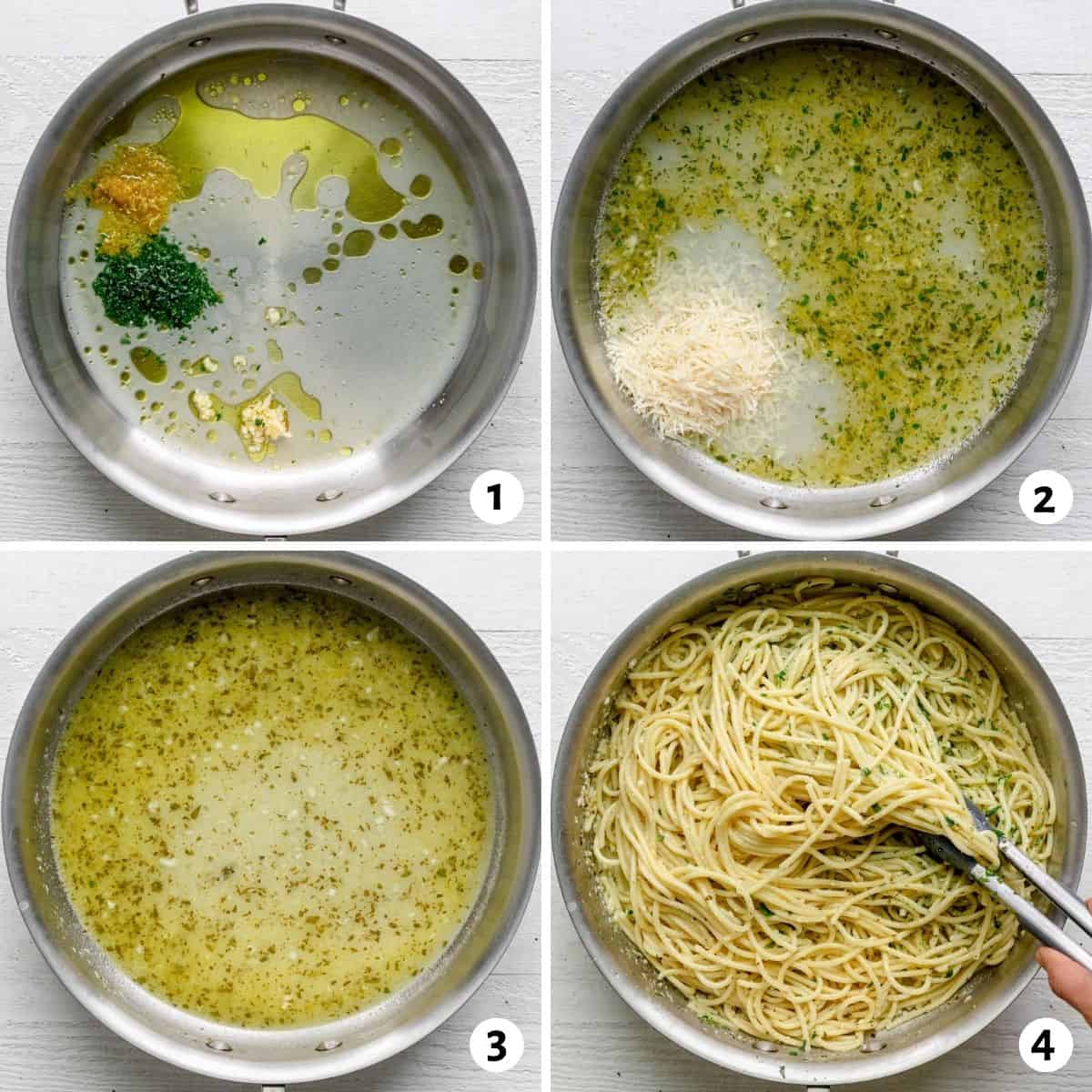 4 image collage to show how to make the sauce and then adding the pasta to the sauce in one pan