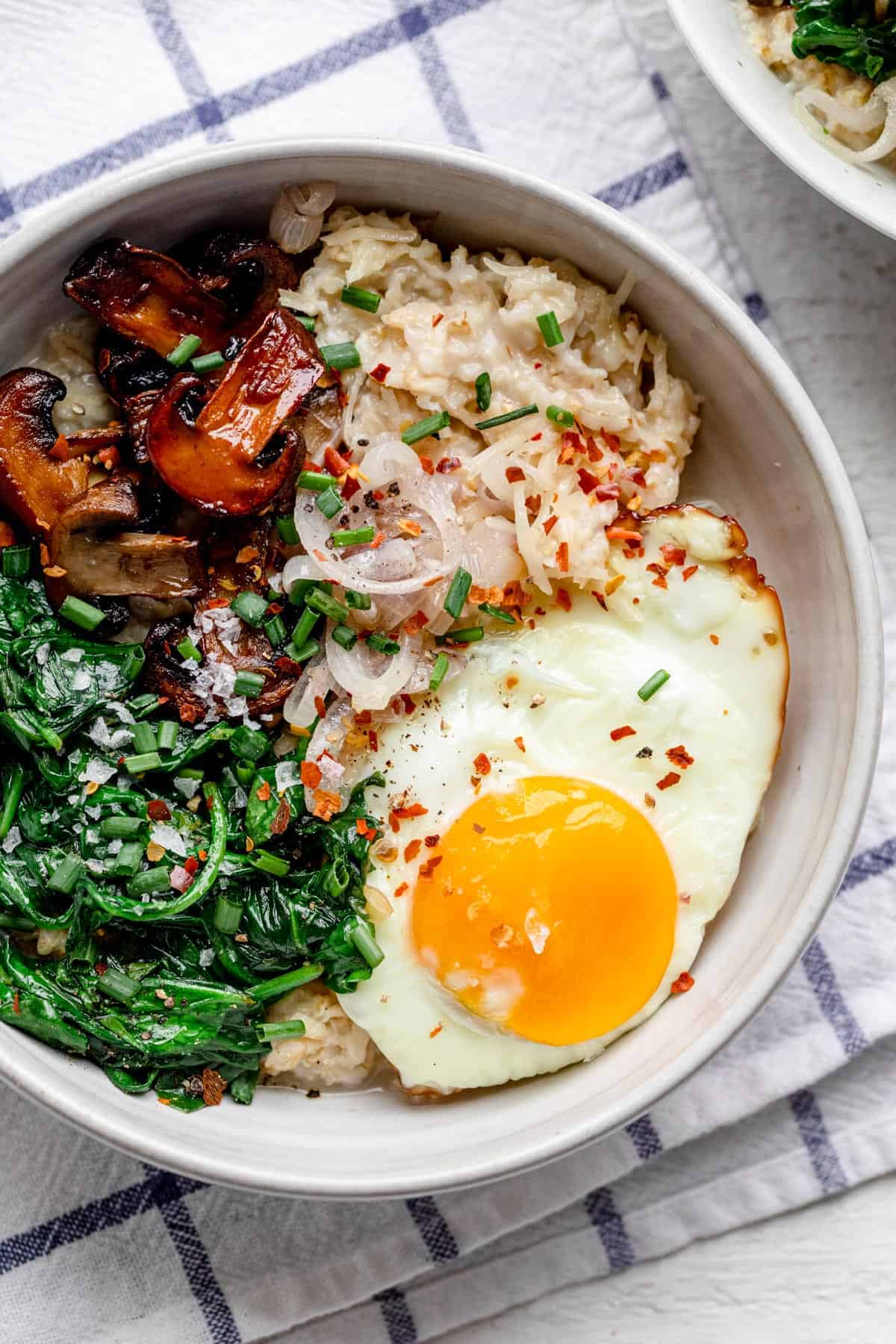 Close up shot of a savory bowl of oatmeal topped with a fried egg and vegetables
