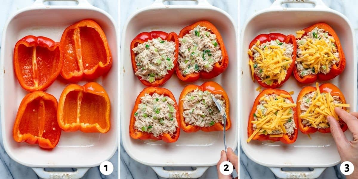 3 image collage to show how to assemble the bell peppers with the tuna