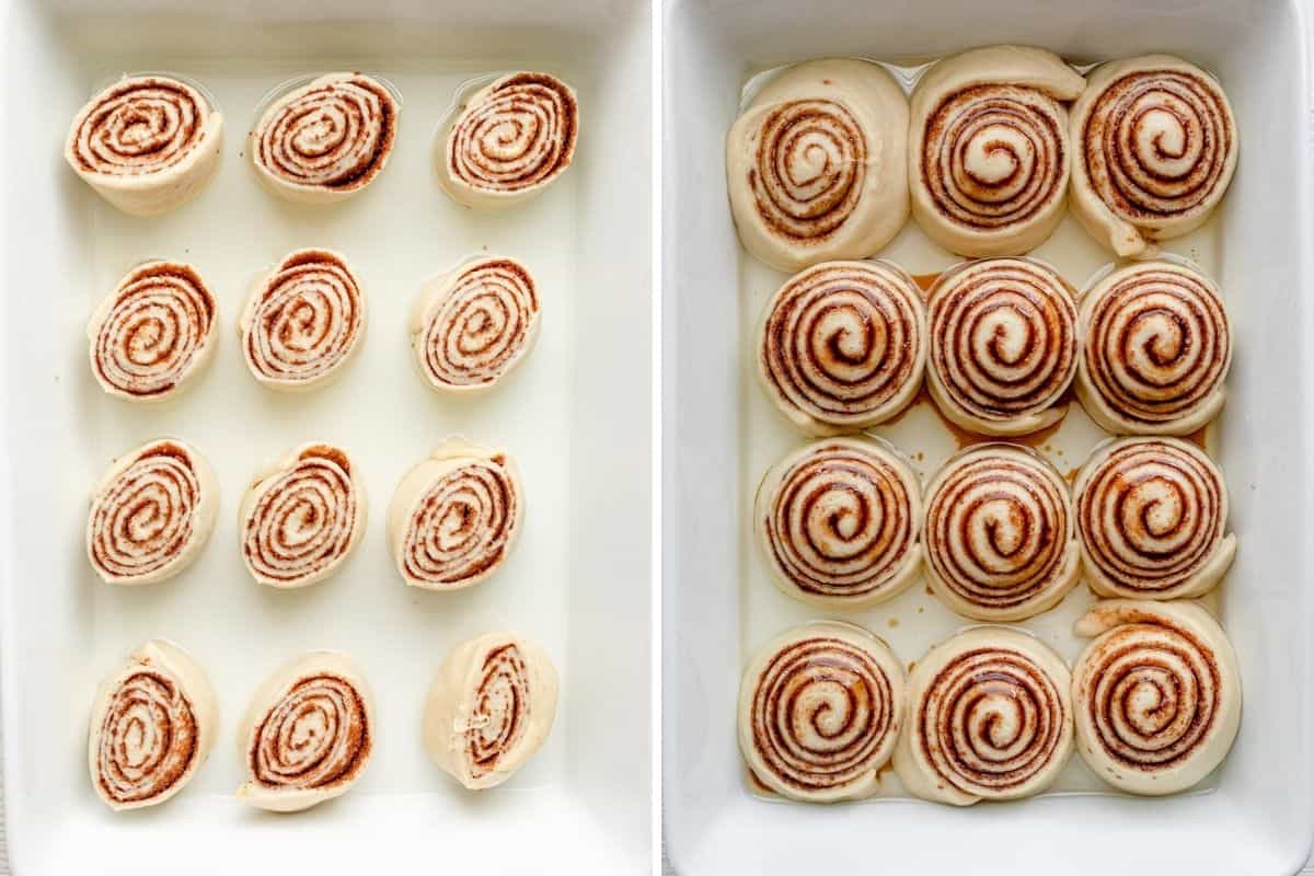 2 image collage to show the rolls in pan after cutting and then after rising