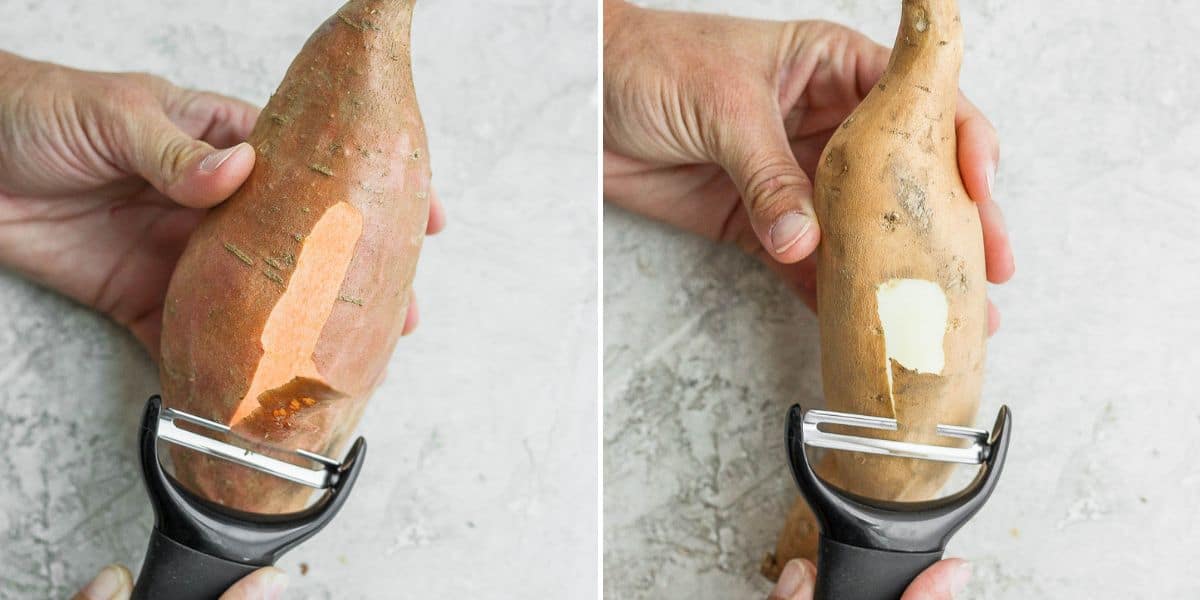 2 image collage showing peeler peeling sweet potato and yam