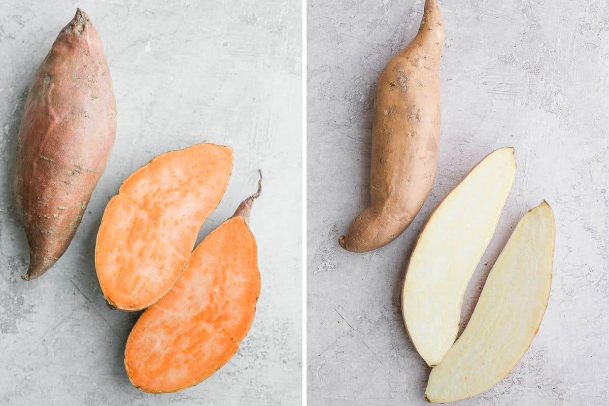 2 image collage showing whole sweet potato and cut sweet potato on left and showing whole yam and cut yam on the right