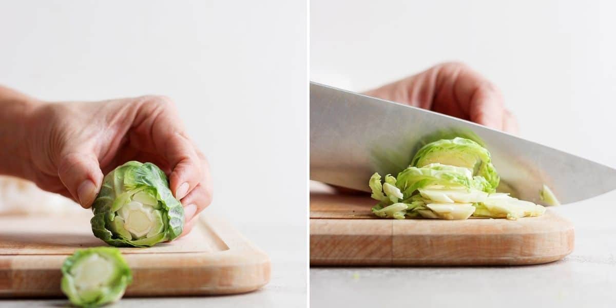 2 image collage to show how to slice sprouts