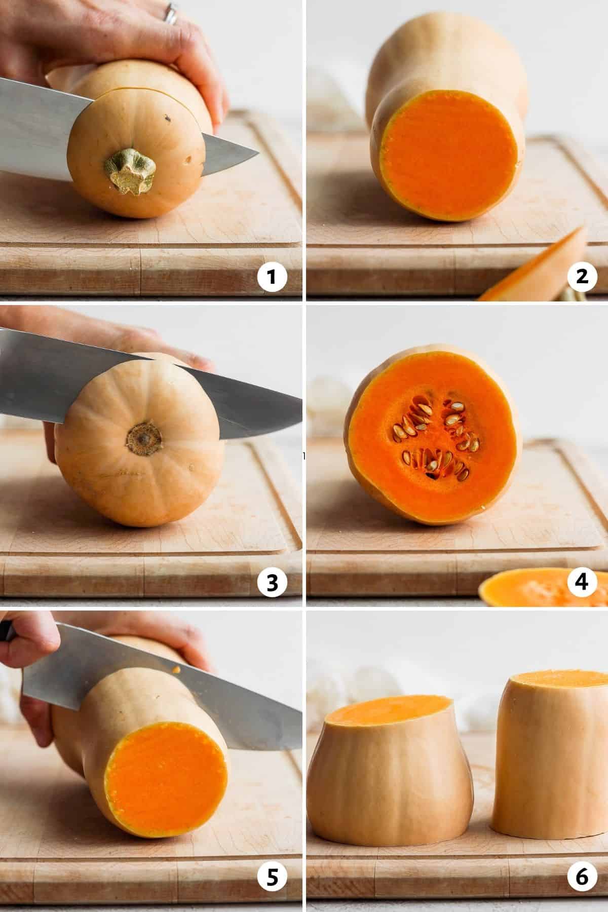6 image collage showing how to cut a butternut squash