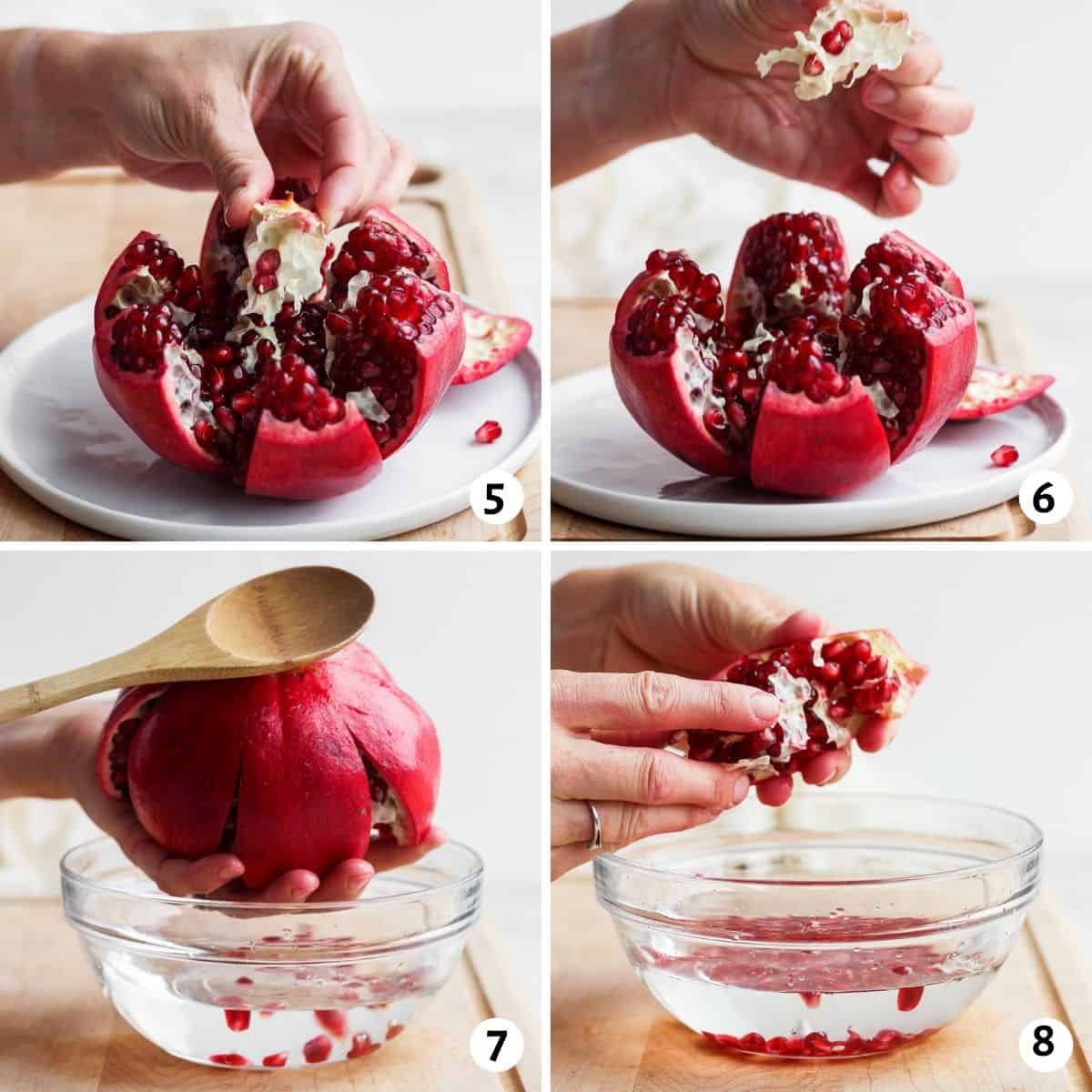 4 image collage to show how to remove the white pith and deseed the fruit