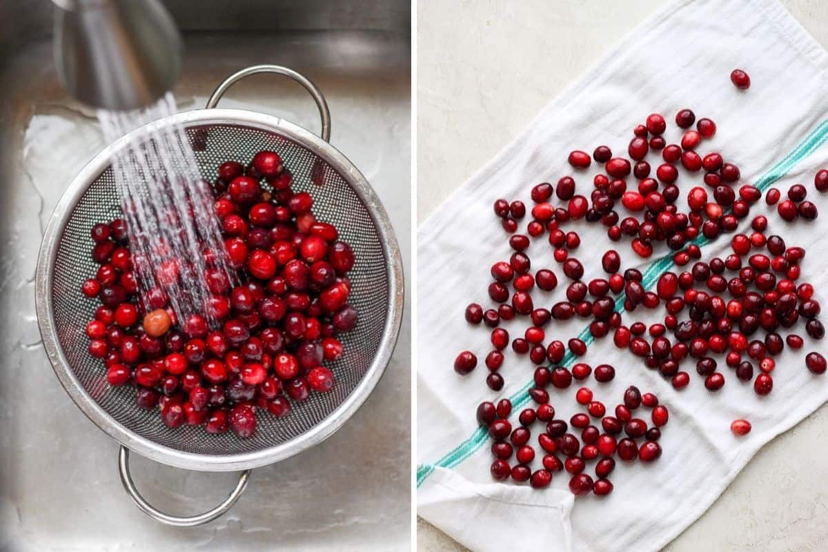 2 image collage showing how to wash and dry cranberries