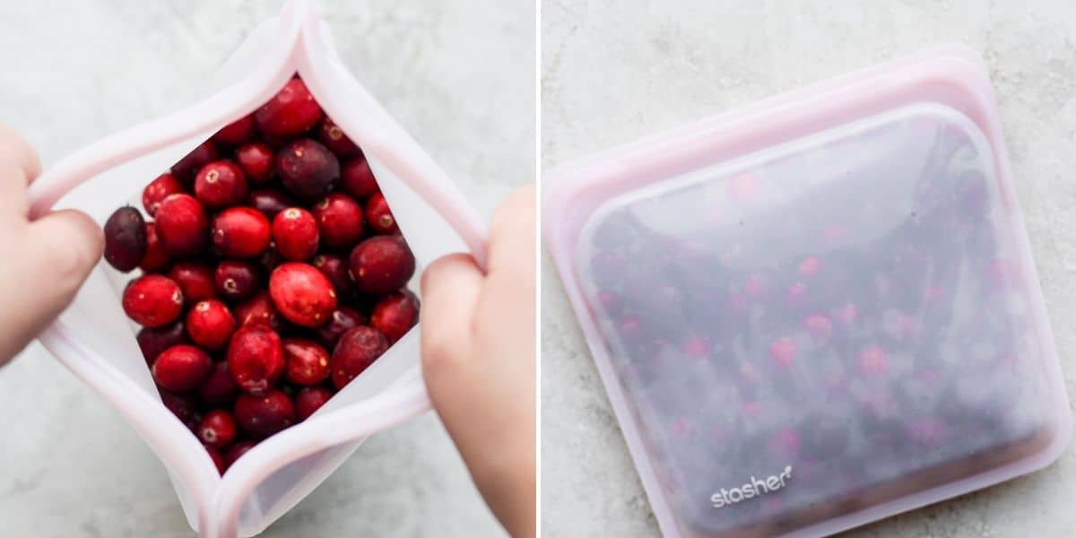 2 image collage adding cranberries to stasher bag and closing it to freeze