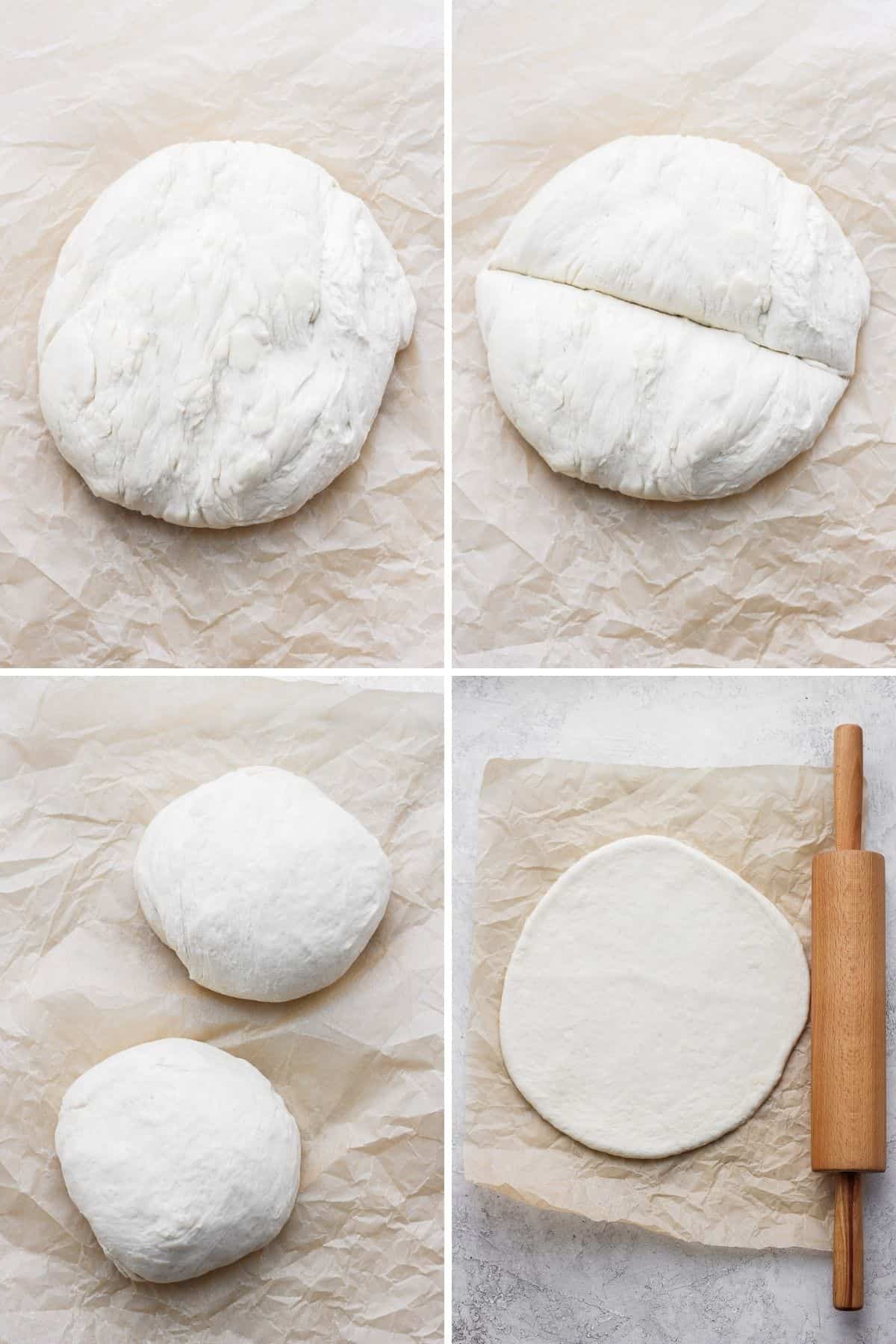 4 image collage to show how to split the dough in half, roll into balls and then roll out into pies