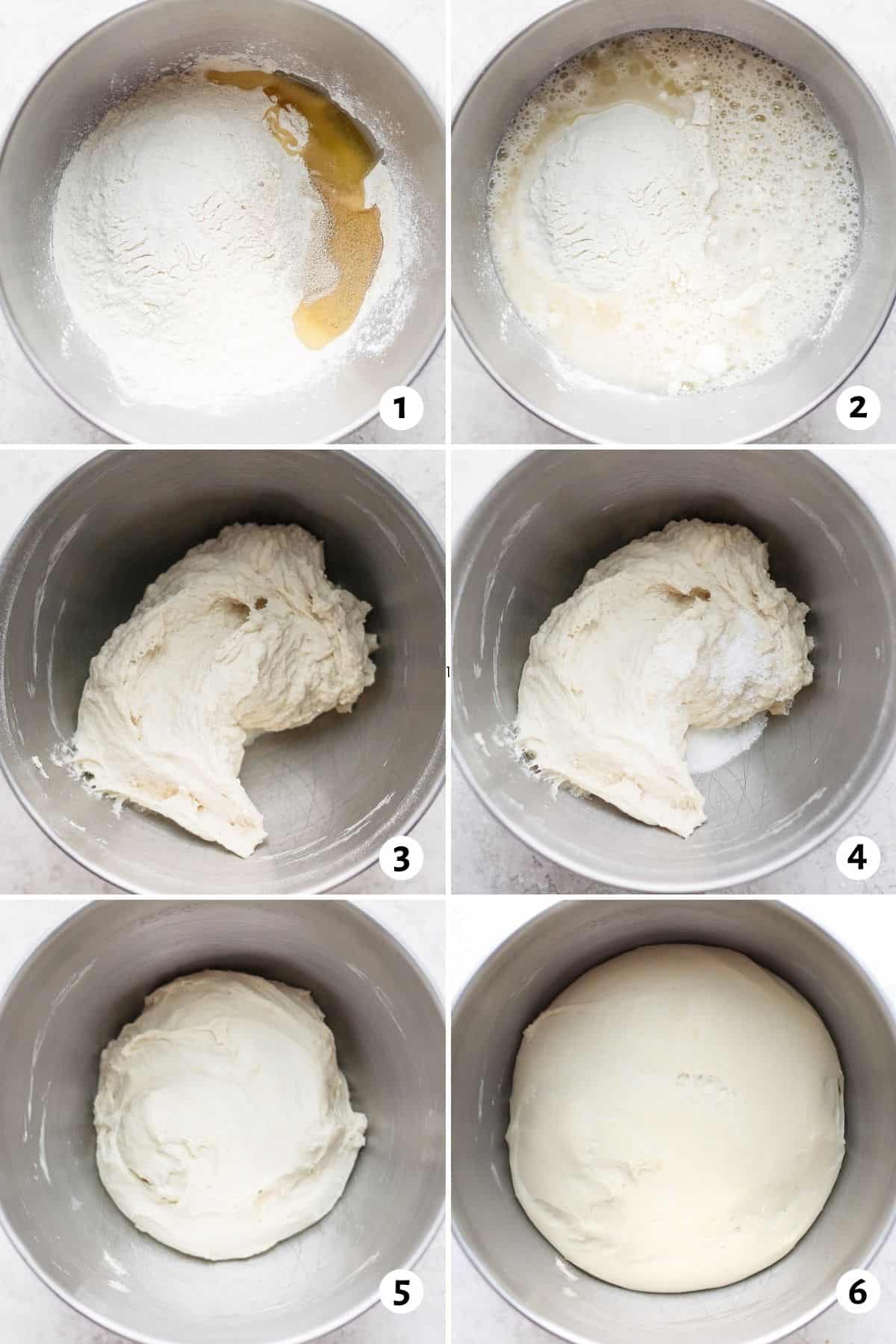 6 image collage to show how to make the pizza dough