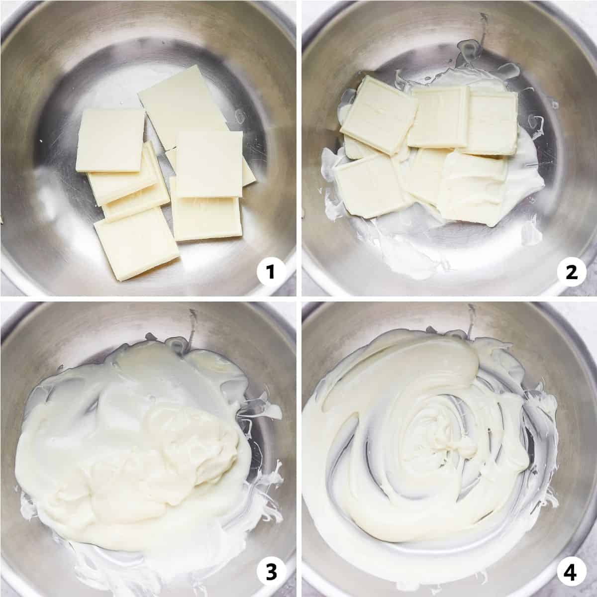 4 image collage of how to melt white chocolate in metal bowl on stovertop