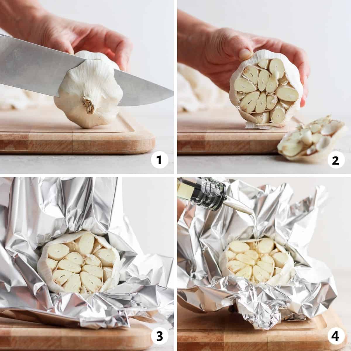 4 image collage to show how to roast a head of garlic in the oven
