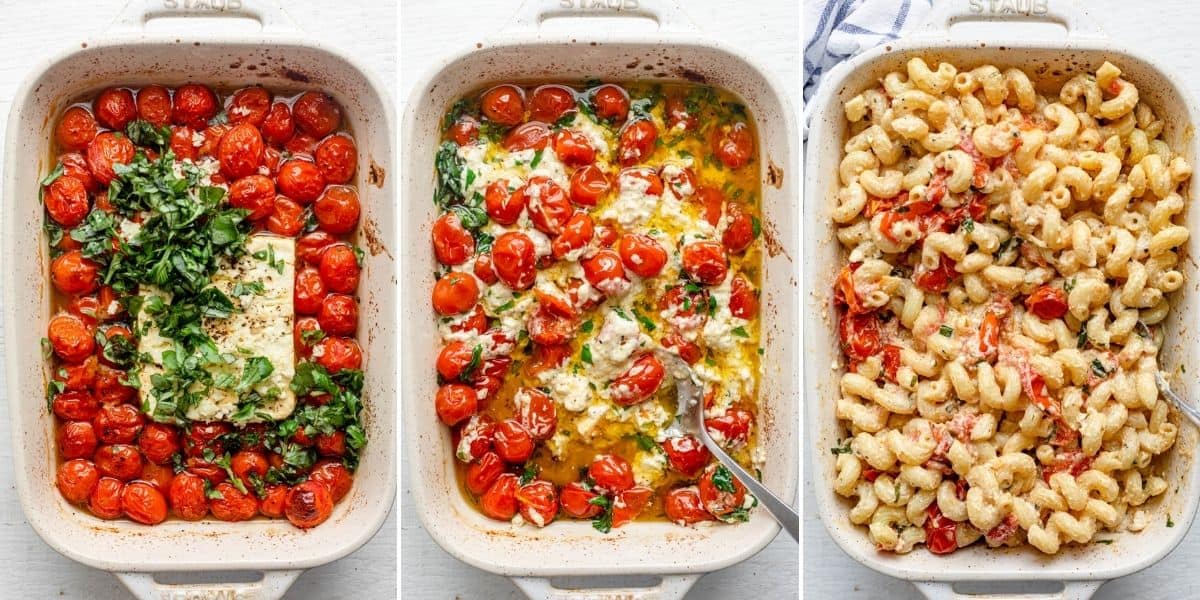 3 image collage to show adding the basil and garlic, then mixing, then adding pasta