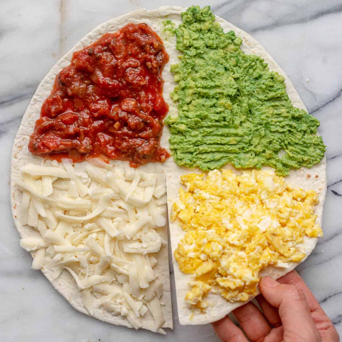 Tortilla with eggs on 1/4, avocado on 1/4, salsa on 1/4, and cheese on 1/4.