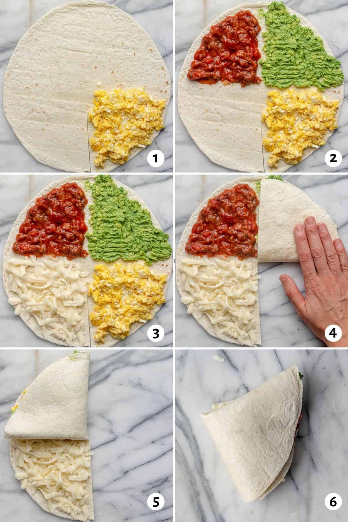 6 image collage to show to how make make and fold tortilla trend