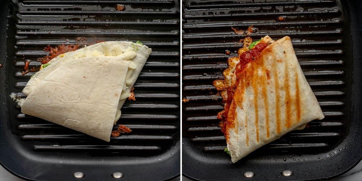 2 image collage to show how to cook the tortilla wrap on a grill pan