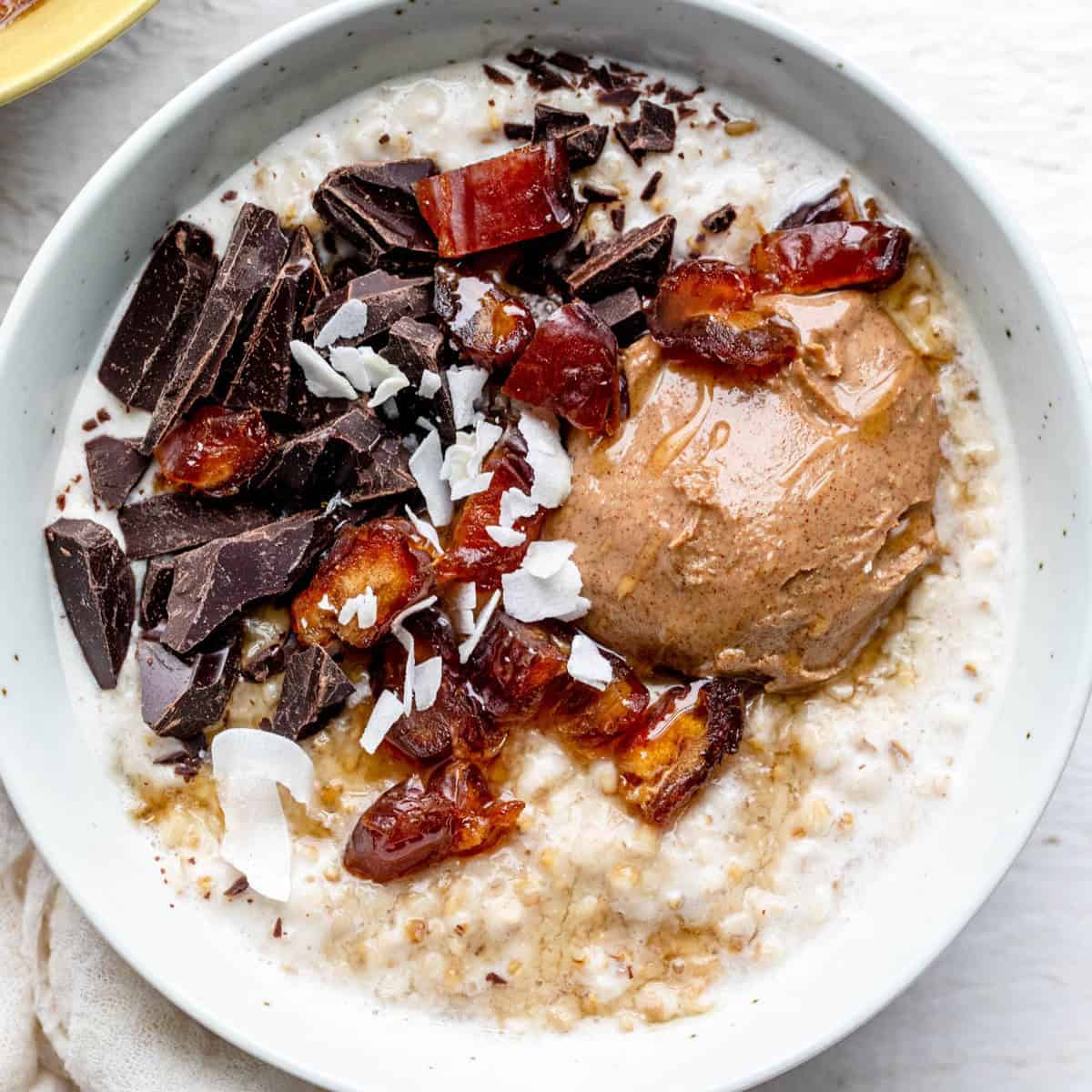Chocolate almond butter overnight steel cut oats.