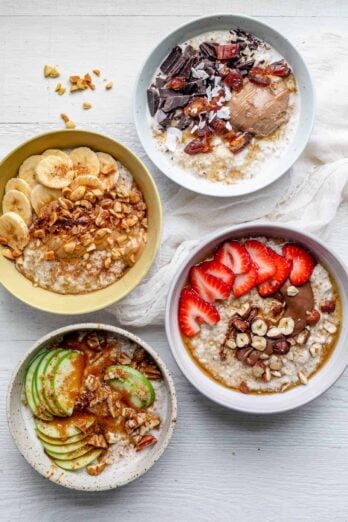 4 bowls of overnight steel cut oats with different toppings
