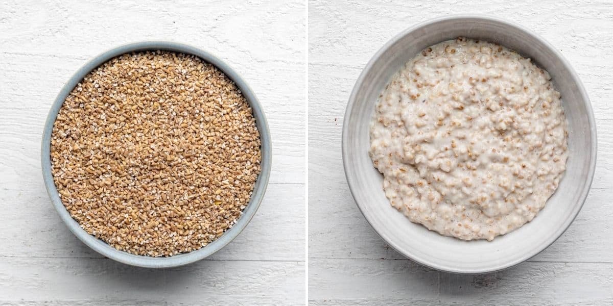 Collage of two images showing steel cut oats before and after cooking