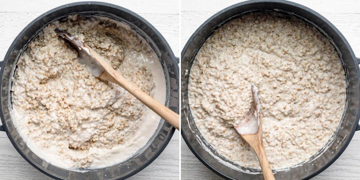 Pot of steel cut oats with milk before and after stirring