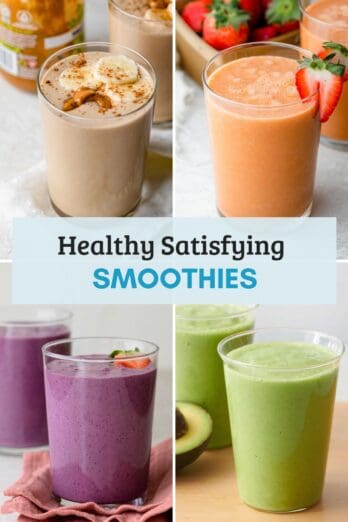 Collage image of healthy satisfying smoothies.