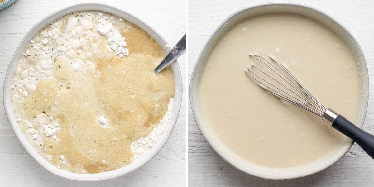 2 image collage to show the batter before and after mixing