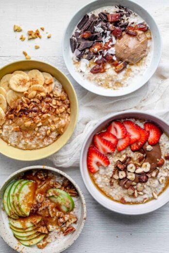 4 bowls of overnight steel cut oats with different toppings