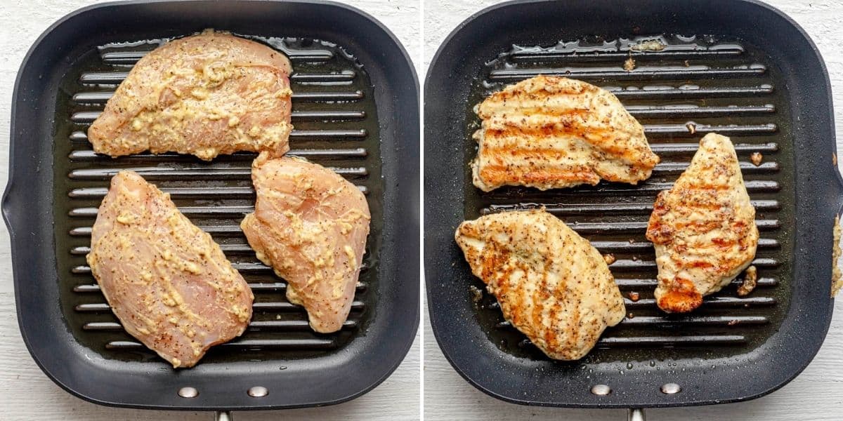 2 image collage showing the chicken on the grill at the beginning and end of cooking