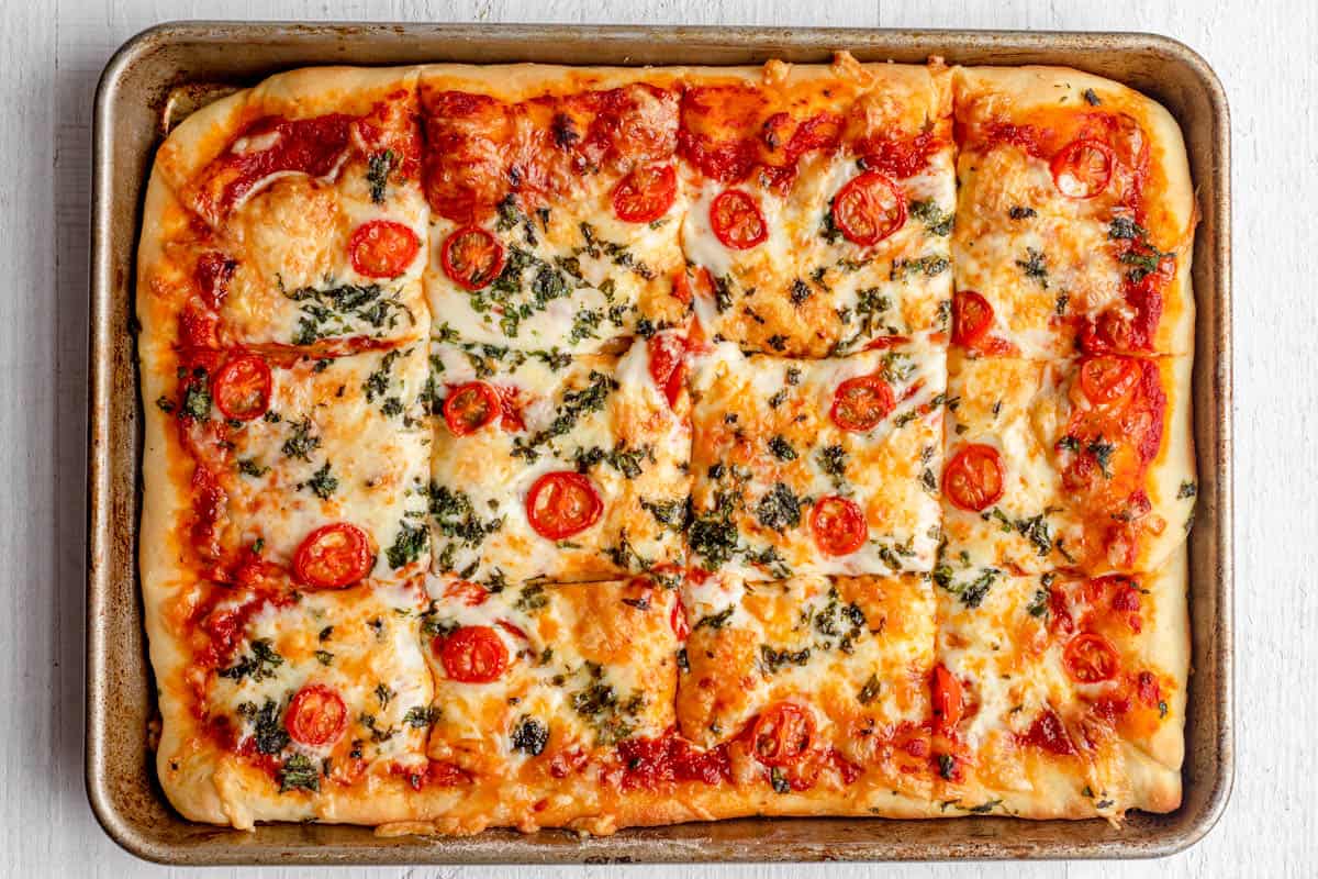 Sheet pan pizza when it comes out of the oven
