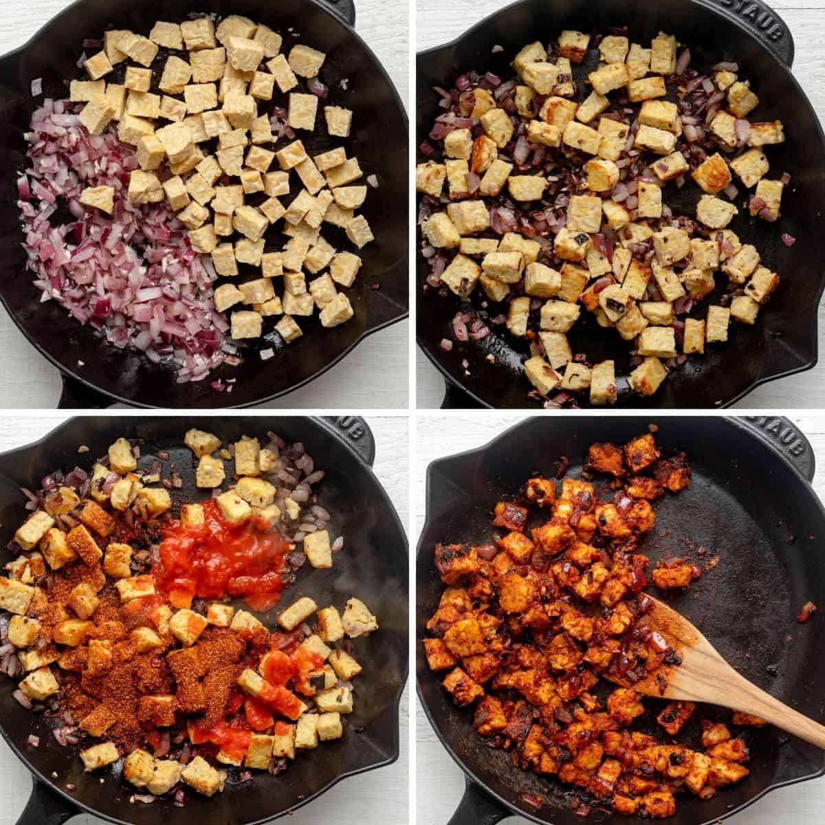 Process shots to show how to cook the tempeh in a skillet with the onions and seasoning