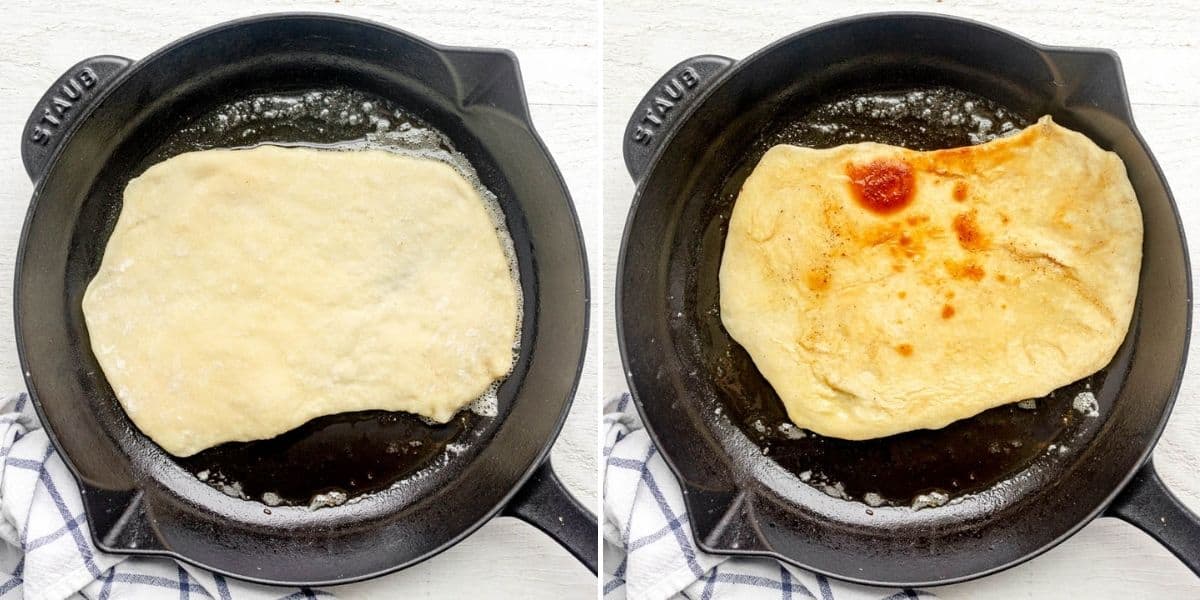 2 image collage to show the flatbread on skillet on one side, then flipped