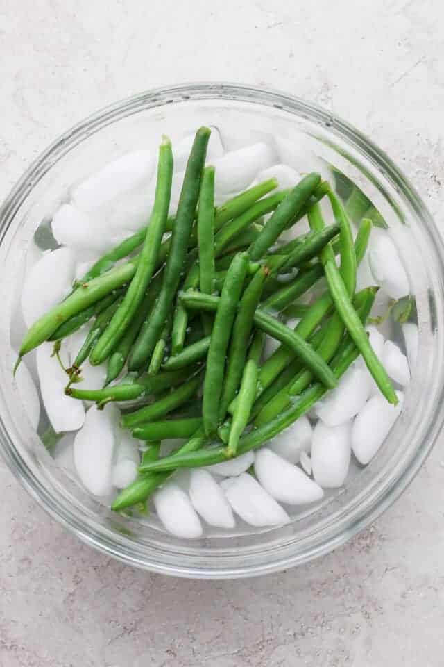 Green beans in ice bath for blanching