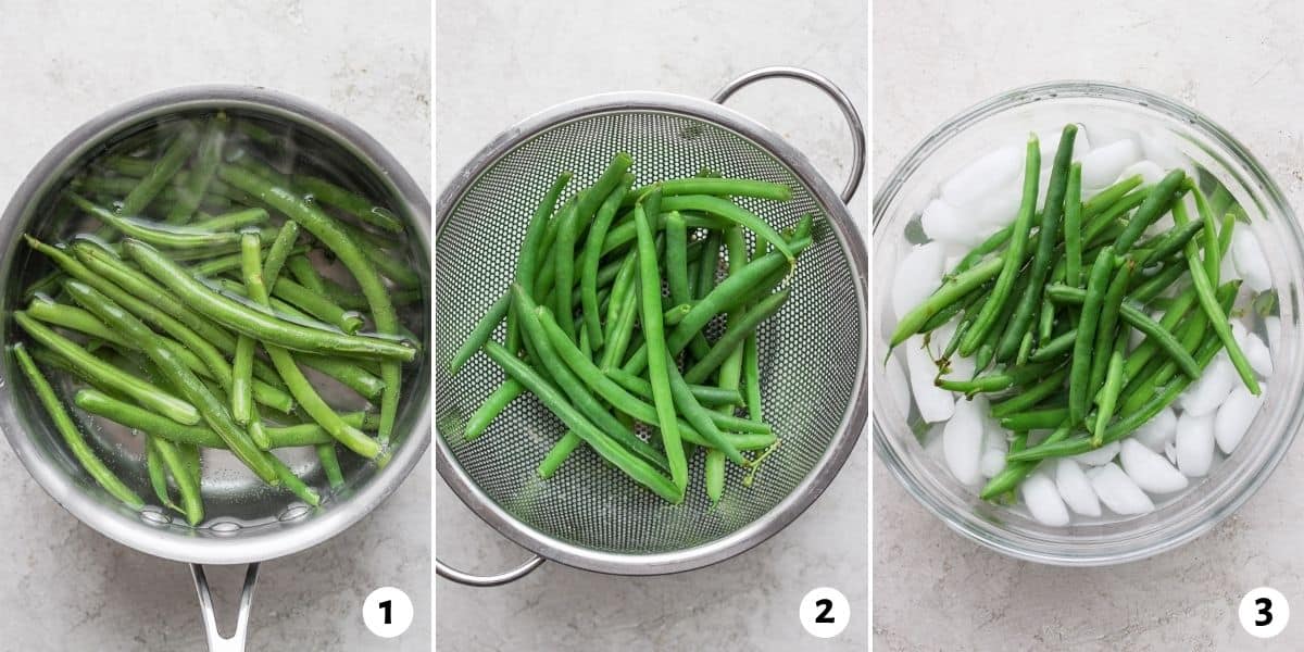 3 image collage to show how to blanch green beans