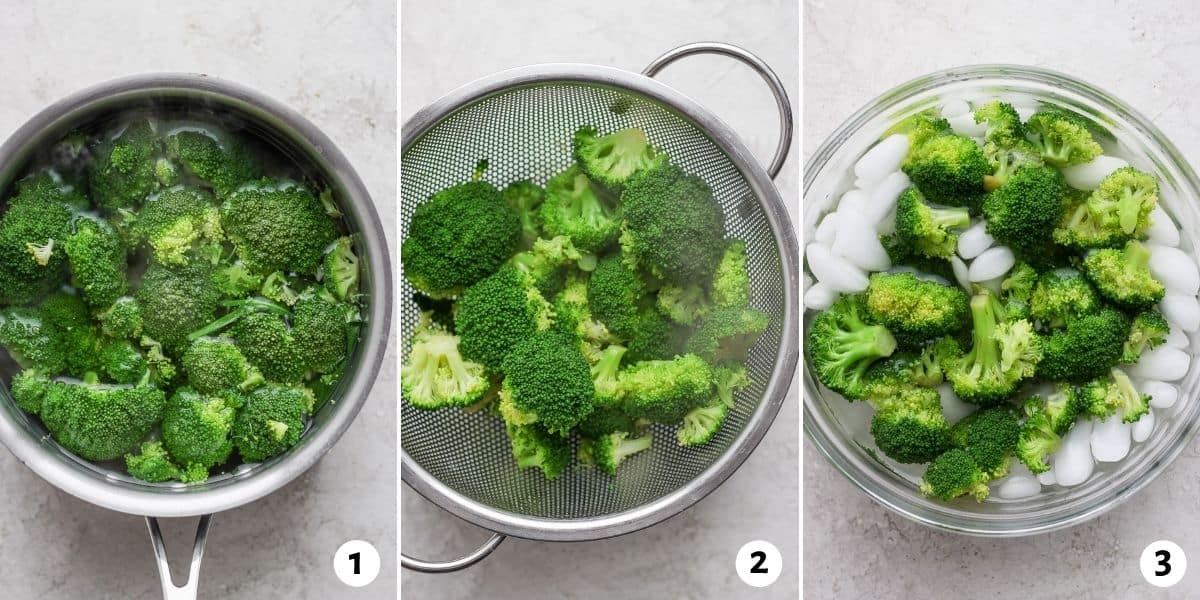 3 image collage to show how to blanch broccoli