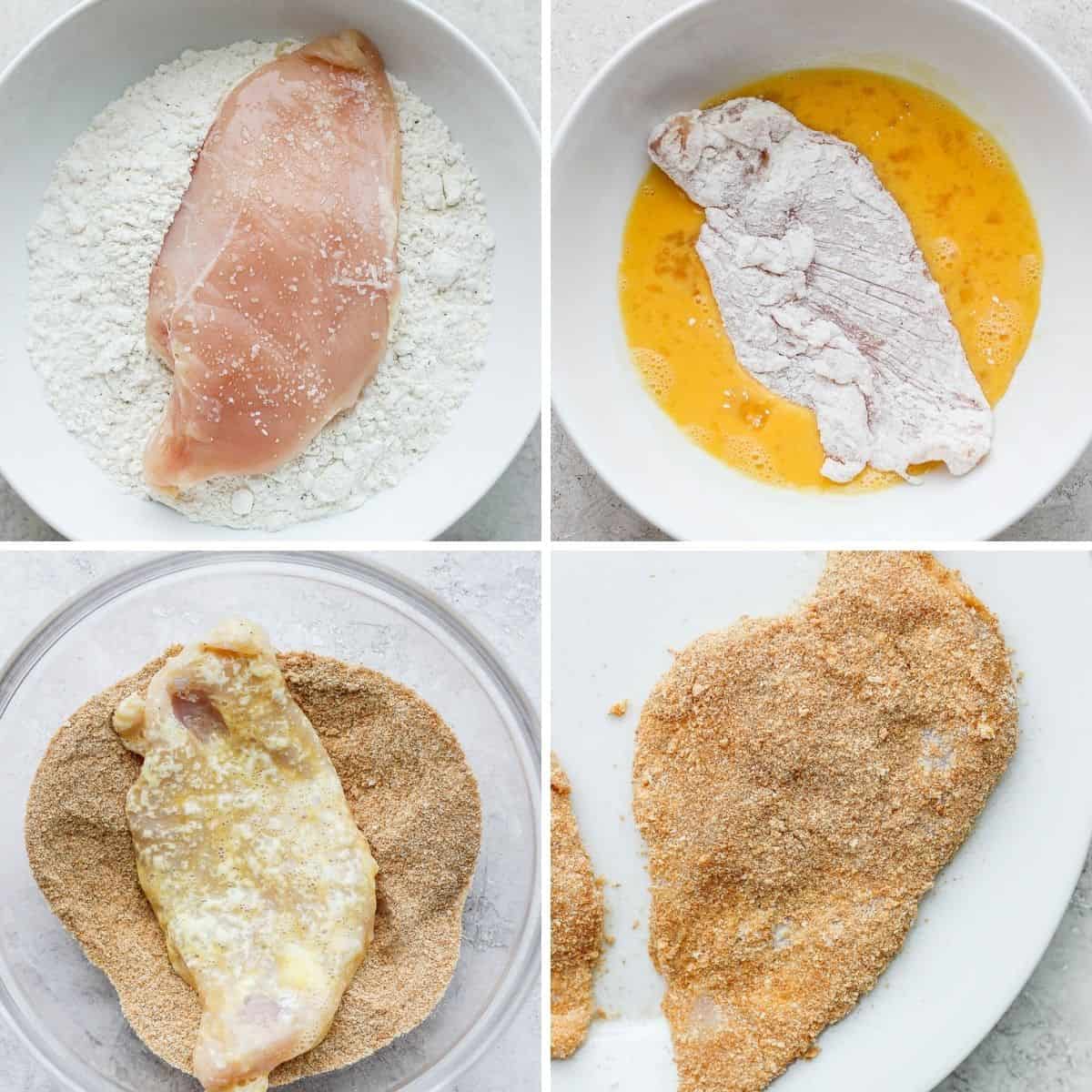 4 image collage to show how to bread the chicken