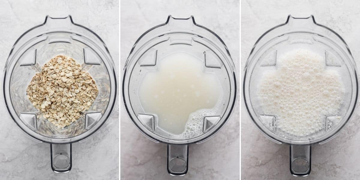 3 image collage to show how to make the oat milk in a blender