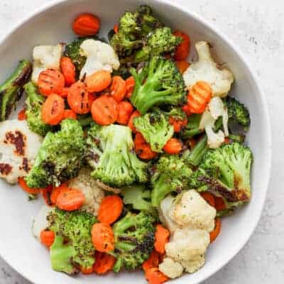 Roasted vegetables in a large bowl