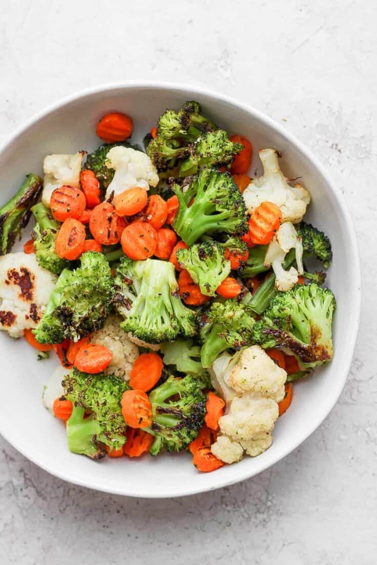 Roasted vegetables in a large bowl