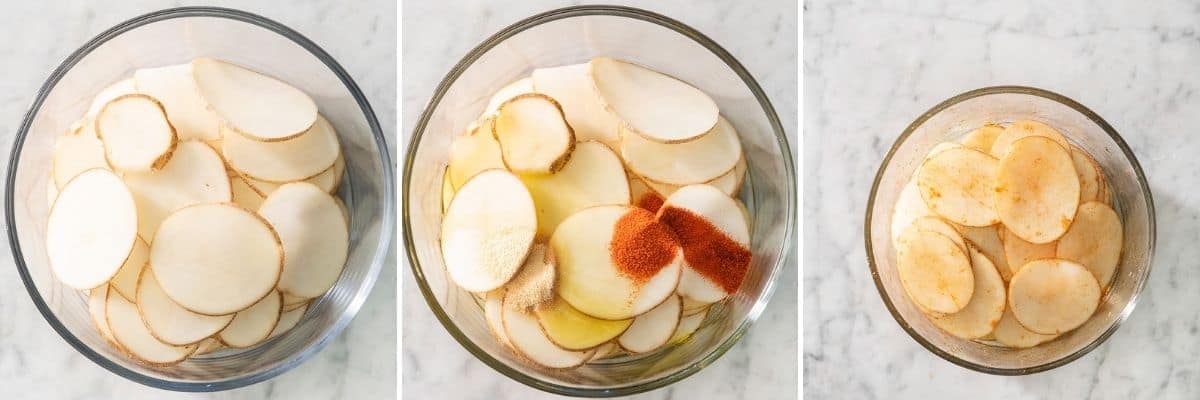 3 image collage to show how to mix the potatoes