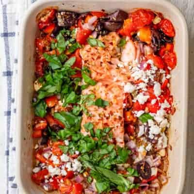 Baked Feta salmon after it's cooked in the oven