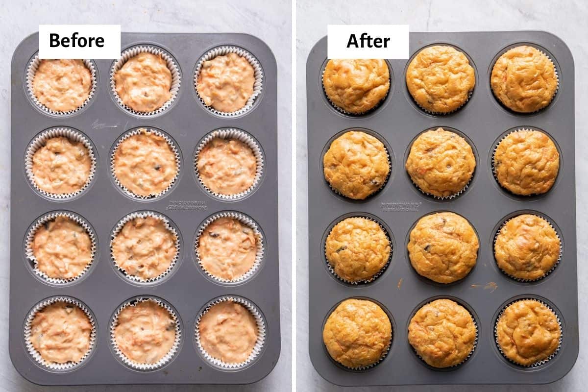 2 image collage to show the muffin batter in the muffin tin before and after baking